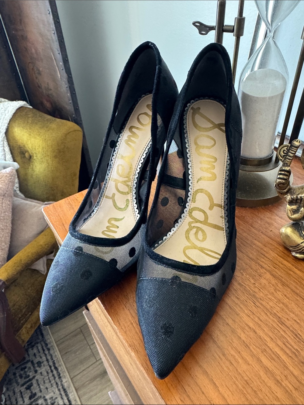 Sam Edelman Black Polka Dot Mesh Pointed Toe Pumps - Picture 2 of 4
